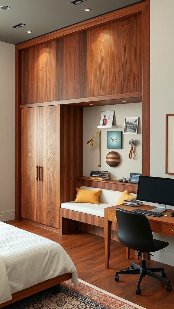 A beautifully designed murphy bed with wooden finishes in a cozy office setting