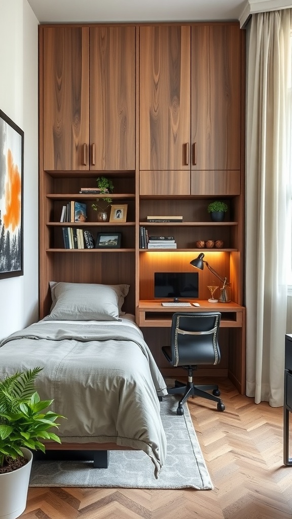 A stylish murphy bed integrated into wooden cabinetry in a home office setting.