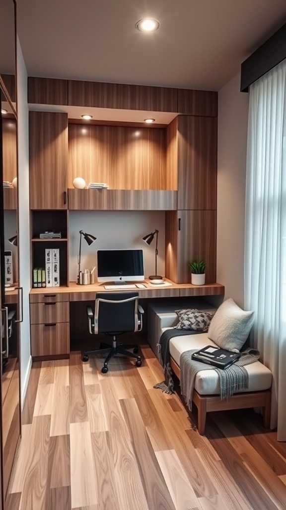 A cozy room featuring a murphy bed integrated with elegant wood cabinets and a foldable table.