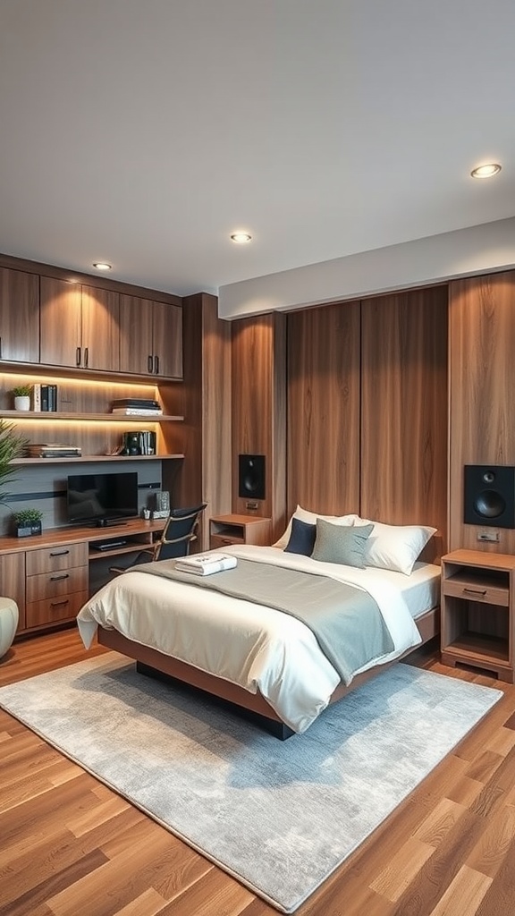 A cozy home office featuring a Murphy bed with integrated speakers, highlighting stylish design.