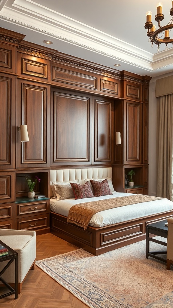 A beautifully designed room featuring a murphy bed with intricate woodwork, styled in warm tones.