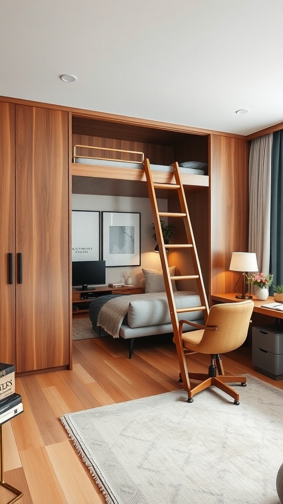 A cozy room with a Murphy bed and a ladder for access, featuring wooden tones and storage above.