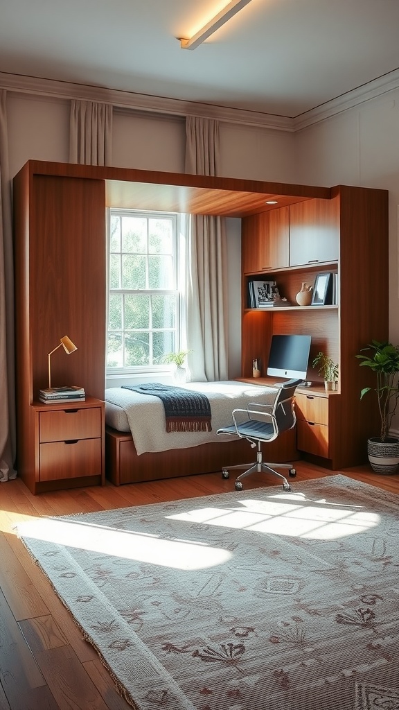 A bright home office featuring a murphy bed, a desk, and natural light from large windows.