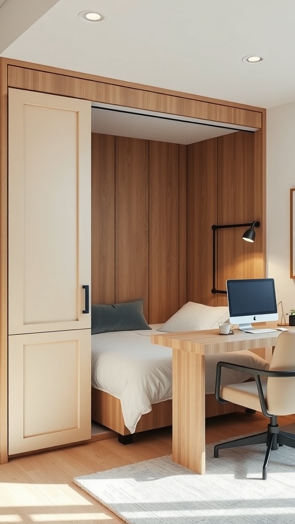 Murphy bed with sliding doors integrated into a wooden cabinet, showcasing a cozy home office environment.