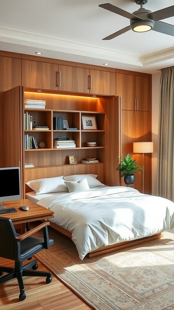 A cozy murphy bed setup with wooden cabinetry and a stylish reading area.