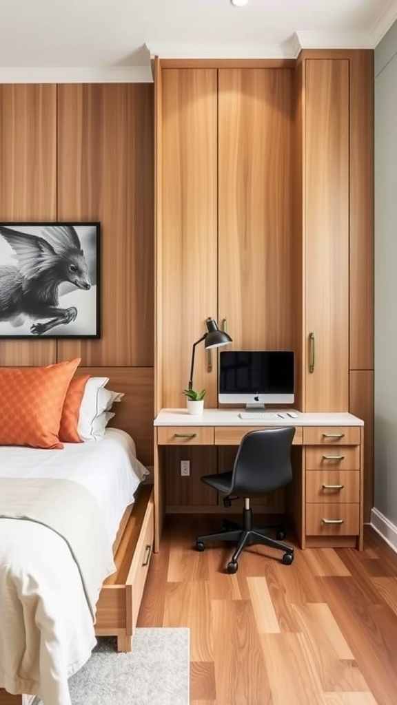 A modern home office featuring a Murphy bed with storage and bookshelves, creating a cozy workspace.