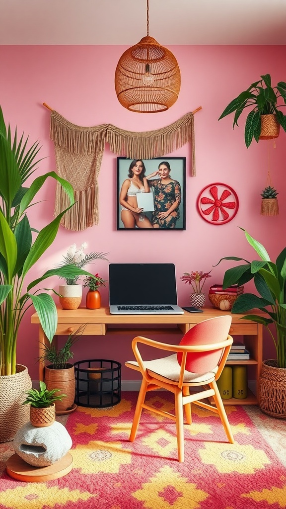 A vibrant bohemian home office featuring plants, a cozy desk, and colorful decor