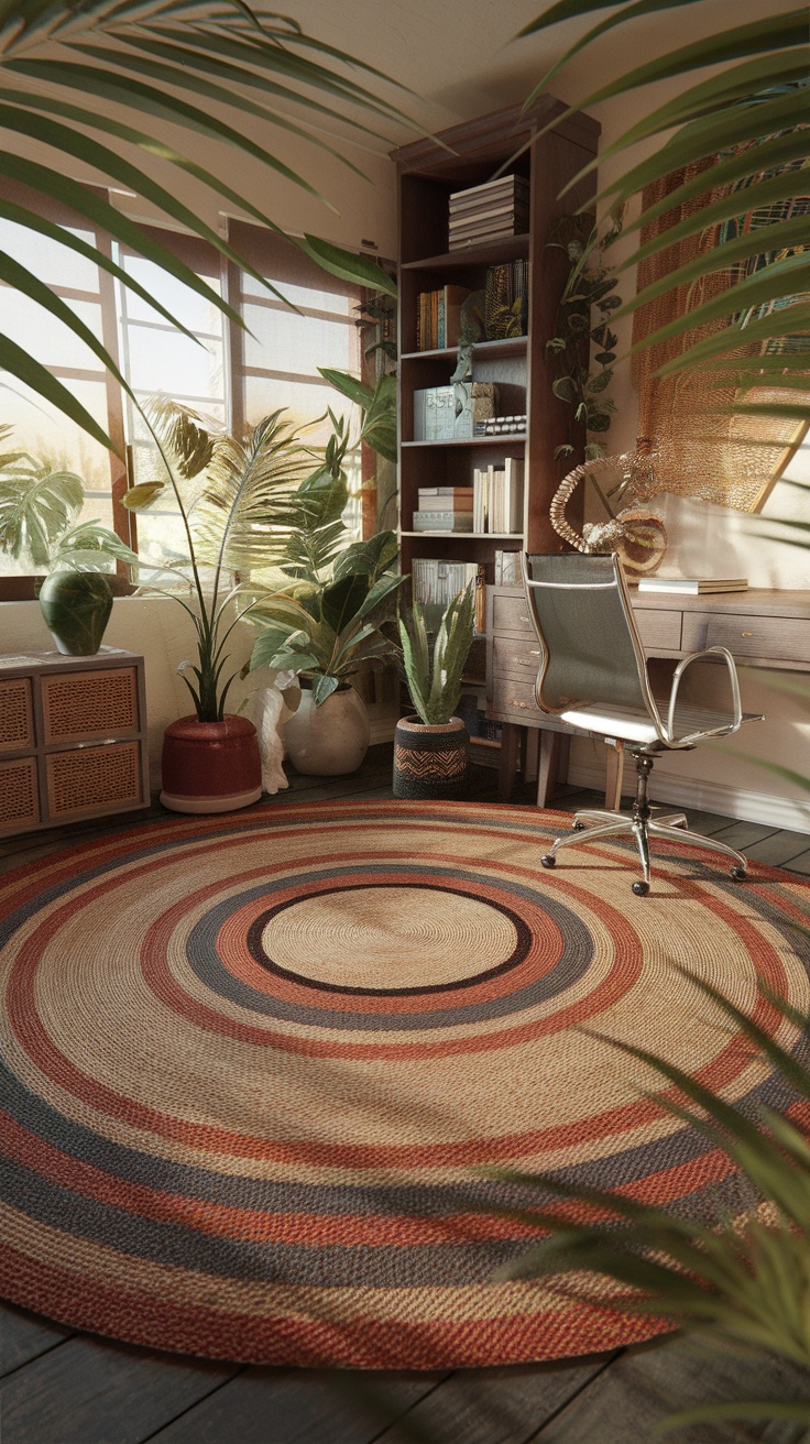 A round jute rug in a bohemian home office setting with plants and a desk.