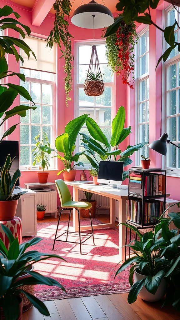 A vibrant boho office filled with natural light and various green plants.