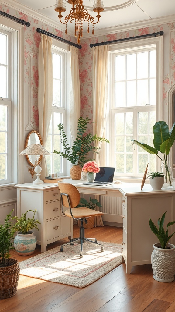 A cozy shabby chic office with natural light, featuring floral wallpaper, plants, and a stylish desk.