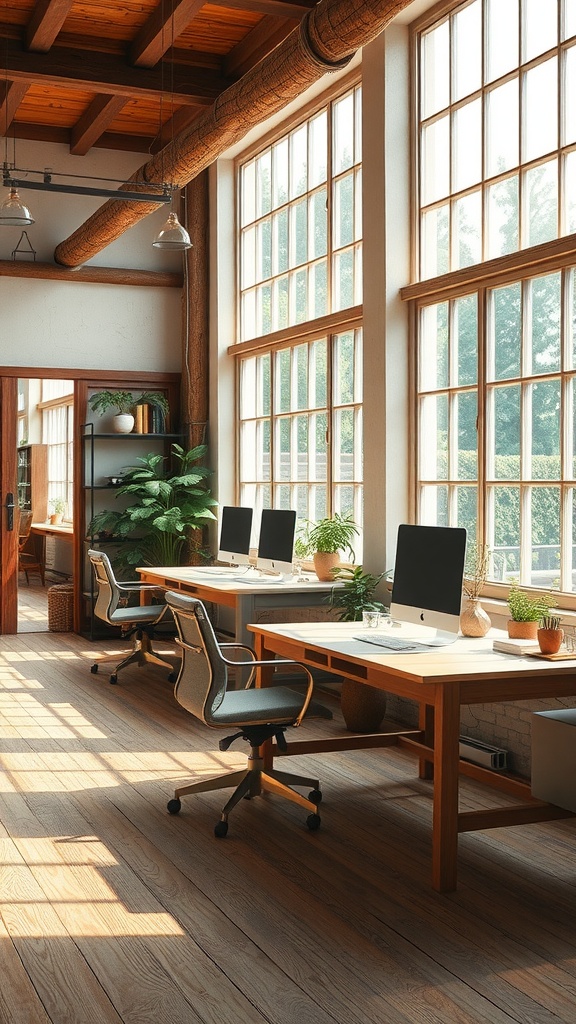 Bright and airy rustic home office with large windows, wooden floors, and modern furniture, decorated with plants.