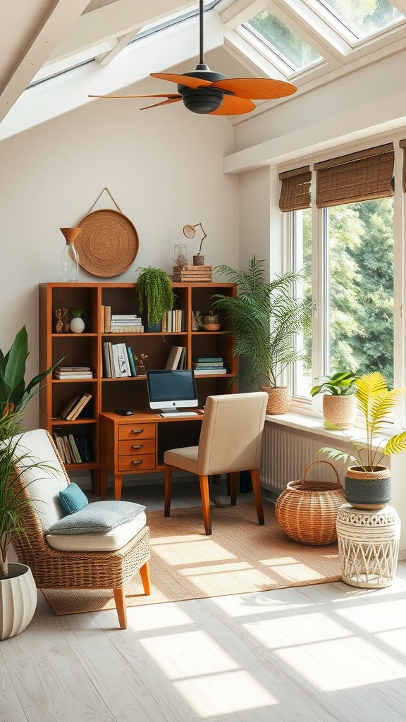 A bright, nature-inspired sunroom home office featuring wooden furniture, plants, and large windows.