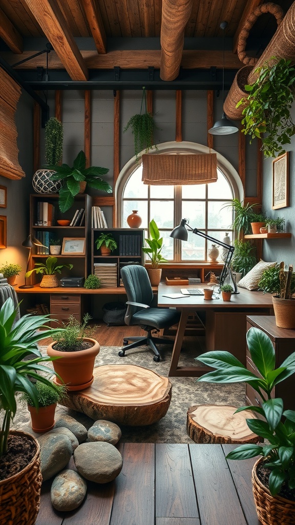 Cozy rustic office with plants and wooden decor