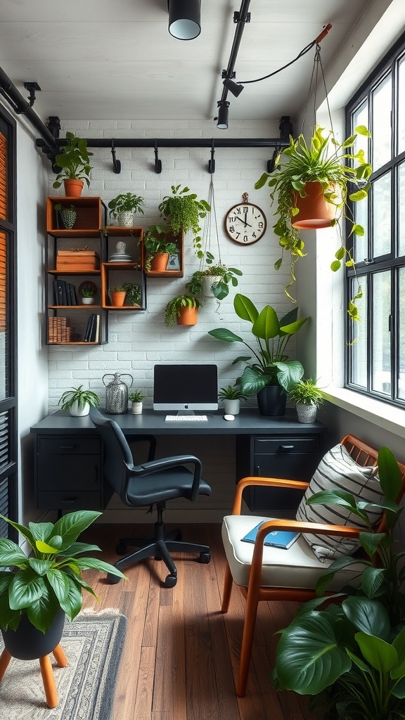 An industrial office space featuring a wooden table, black chairs, and various indoor plants.