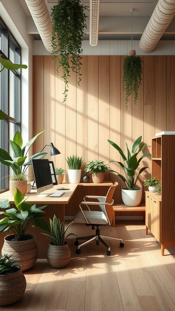 A nature-inspired office workspace featuring plants, a wooden desk, and a computer.