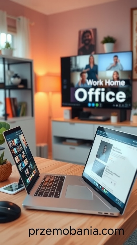 A modern home office setup with two laptops displaying online platforms and a TV showing a virtual meeting.