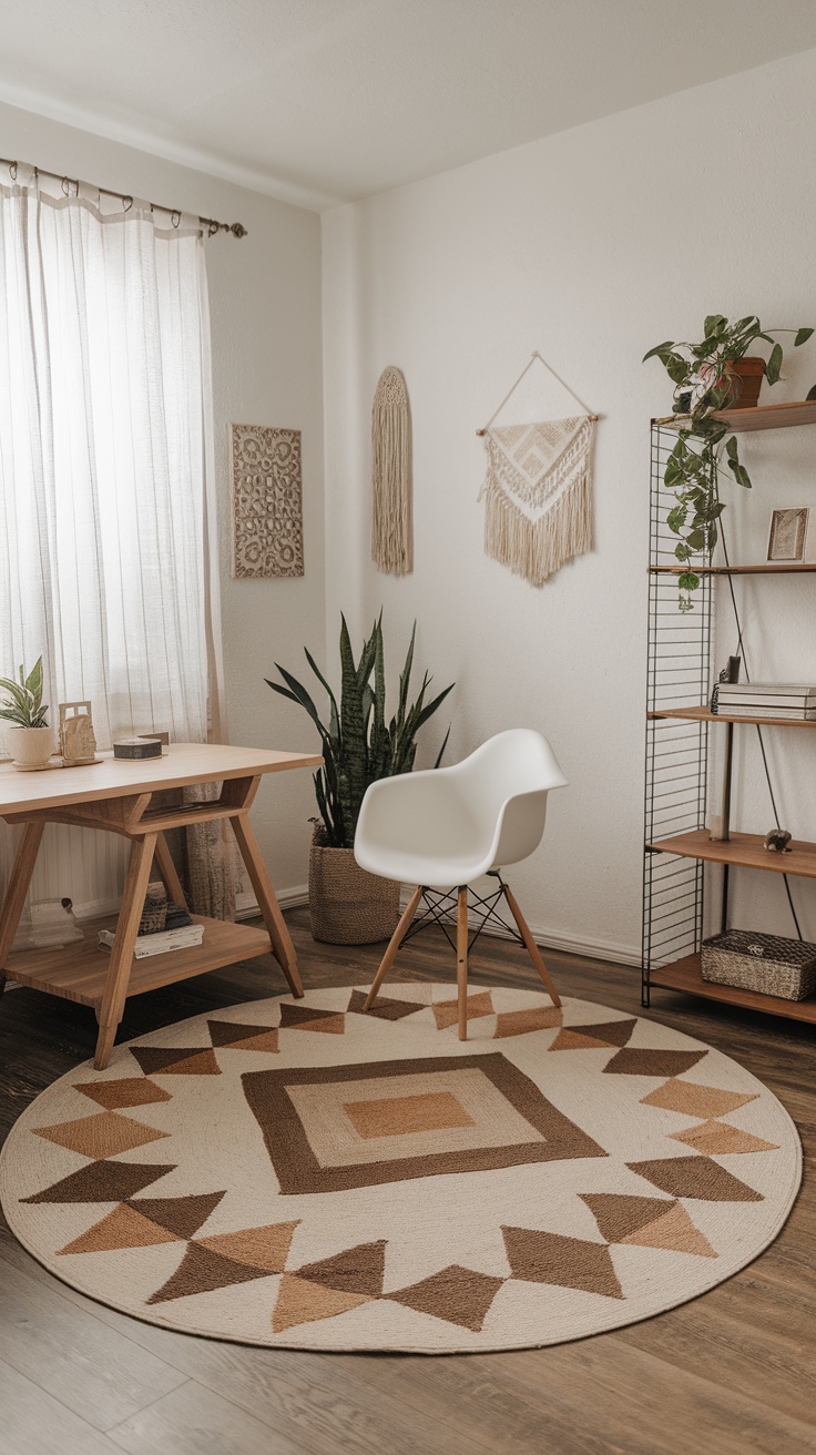 A cozy home office featuring a round boho area rug in neutral tones, complemented by natural decor elements.