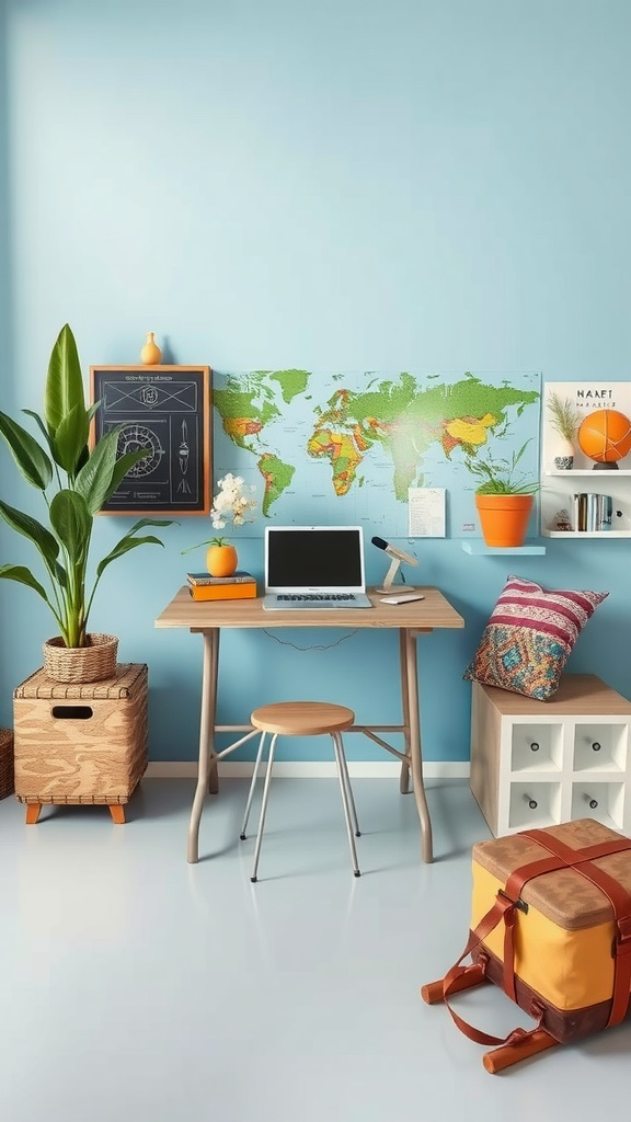 Cozy office space featuring a wooden desk, plants, and a world map on the wall