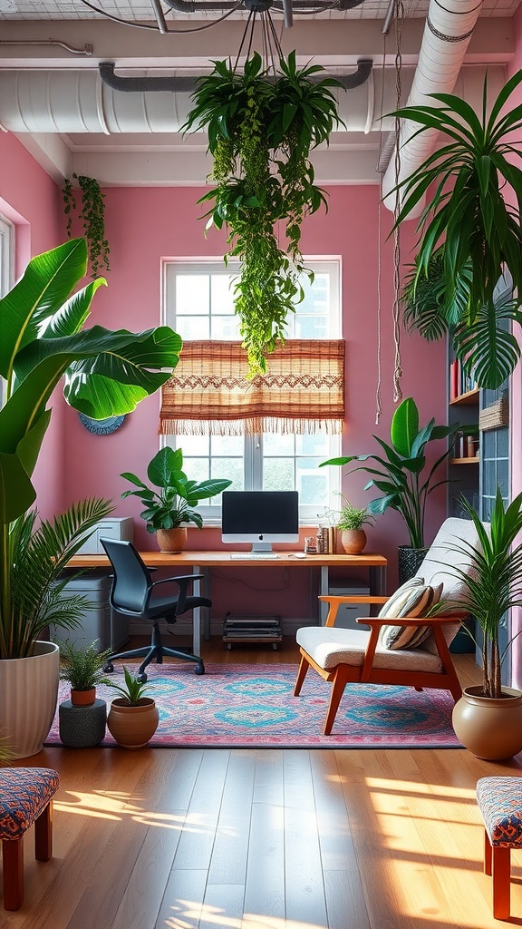 A cozy modern boho office featuring plants, a desk, and vibrant decor.