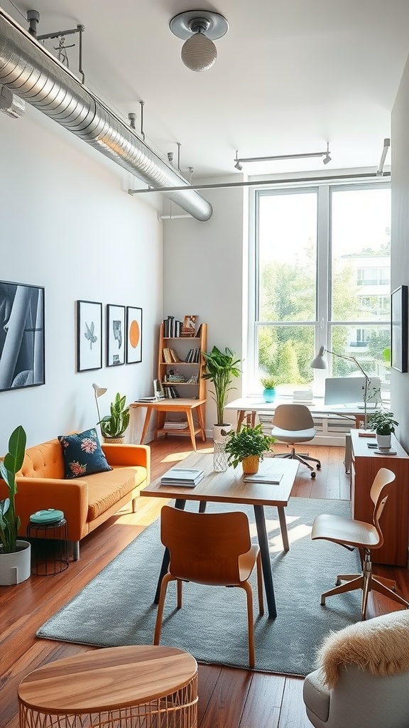 Bright open concept home office with large windows, modern desks, and a yellow chair