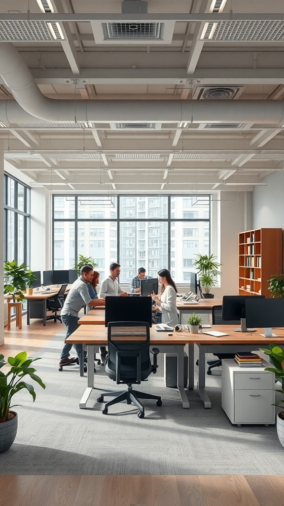 A bright open office space with multiple workstations and plants.