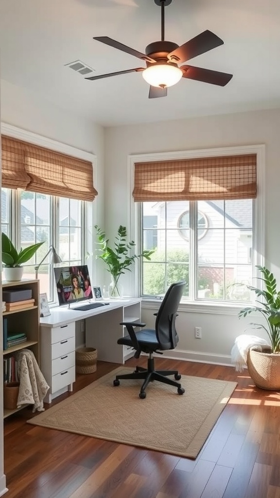 An open concept office space with large windows and modern furniture, featuring a sunroom addition filled with natural light.