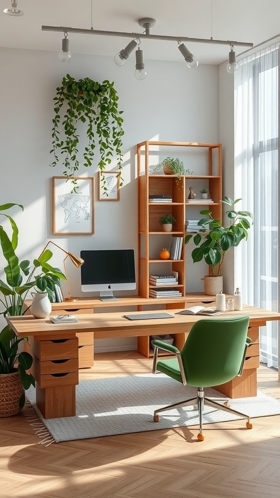 Modern office interior with wooden desk, green chair, and various plants