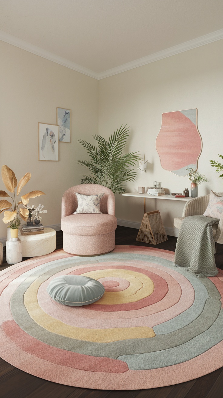 A cozy home office with a pastel circular rug in soft hues, featuring a comfortable chair and decorative plants.