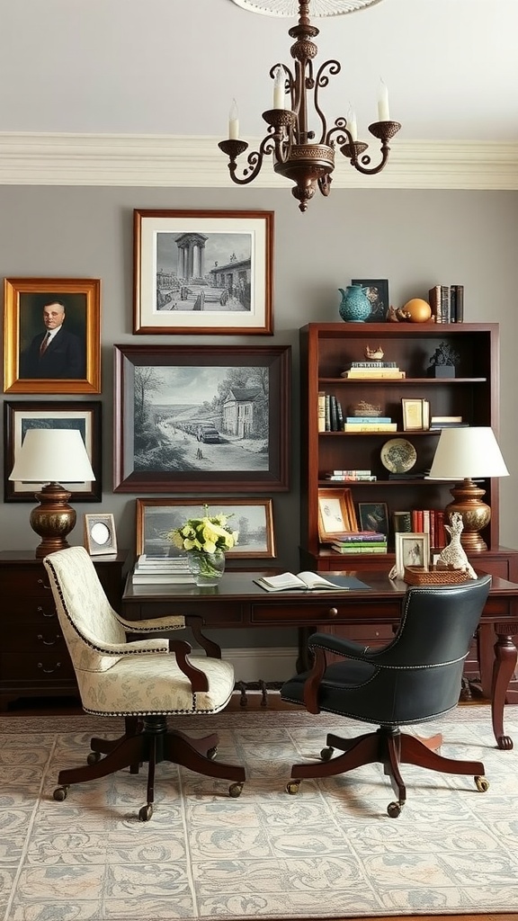 A stylish home office with a wooden desk, a black chair, and a wall art display featuring various framed artworks and plants.