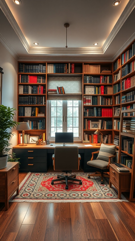 A cozy personal library office with wooden bookshelves, a desk, and warm lighting.