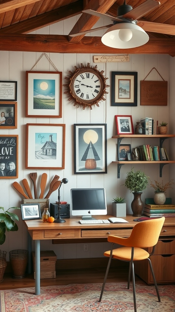 A rustic modern office featuring a wooden desk, framed artwork, and decorative shelves.