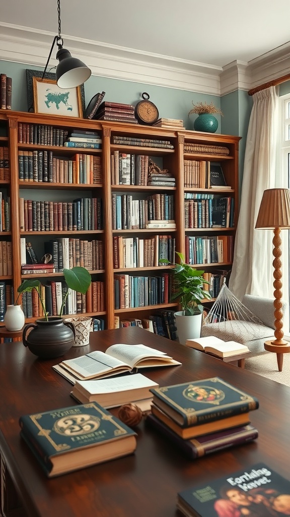 A cozy home library featuring wooden bookshelves filled with books, a reading area with a hammock, and a warm, inviting atmosphere.