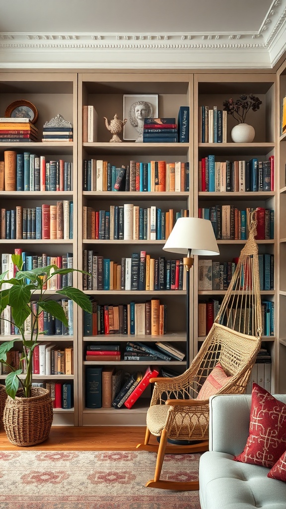 A cozy home library with a well-organized bookshelf, comfortable chair, and decorative elements.