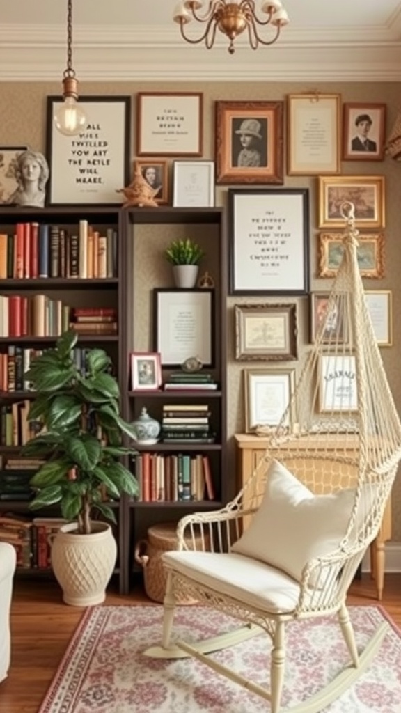 Cozy home library with a hanging chair, bookshelves, and personalized decor.