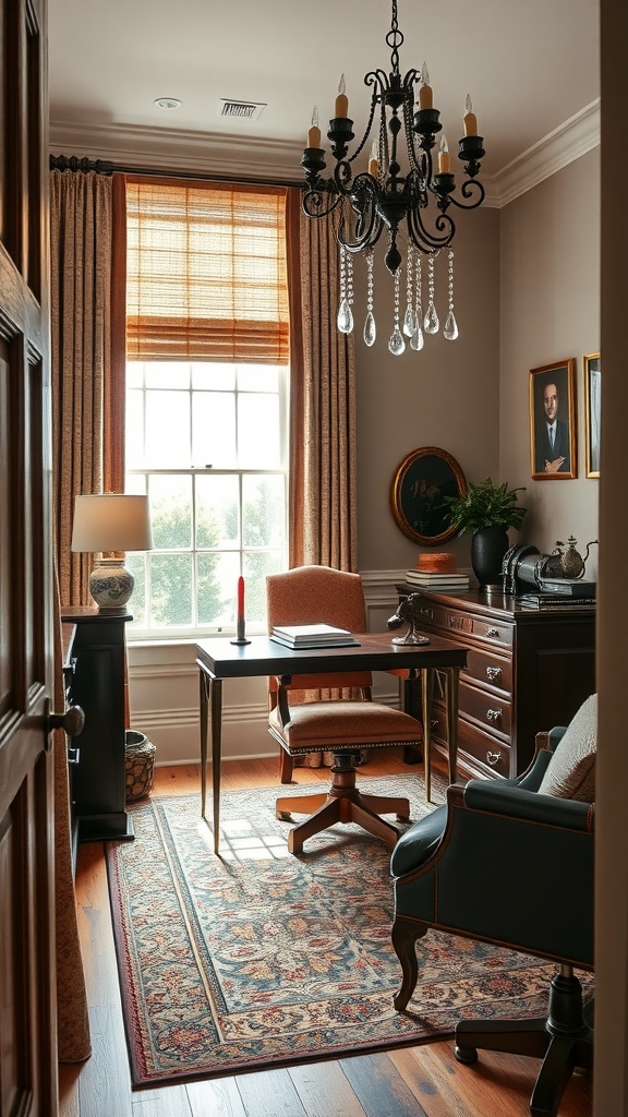 A stylish home office featuring a dark wall, simple desk, modern chair, and framed art, reflecting a masculine decor style.