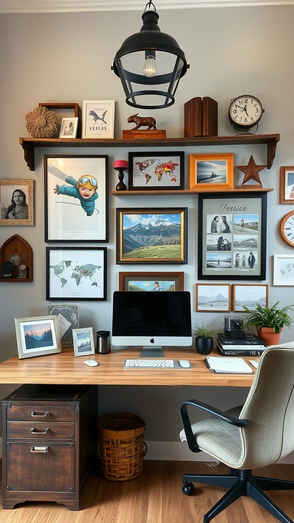 A cozy home office with a desk and a gallery wall filled with framed pictures and decorative items.