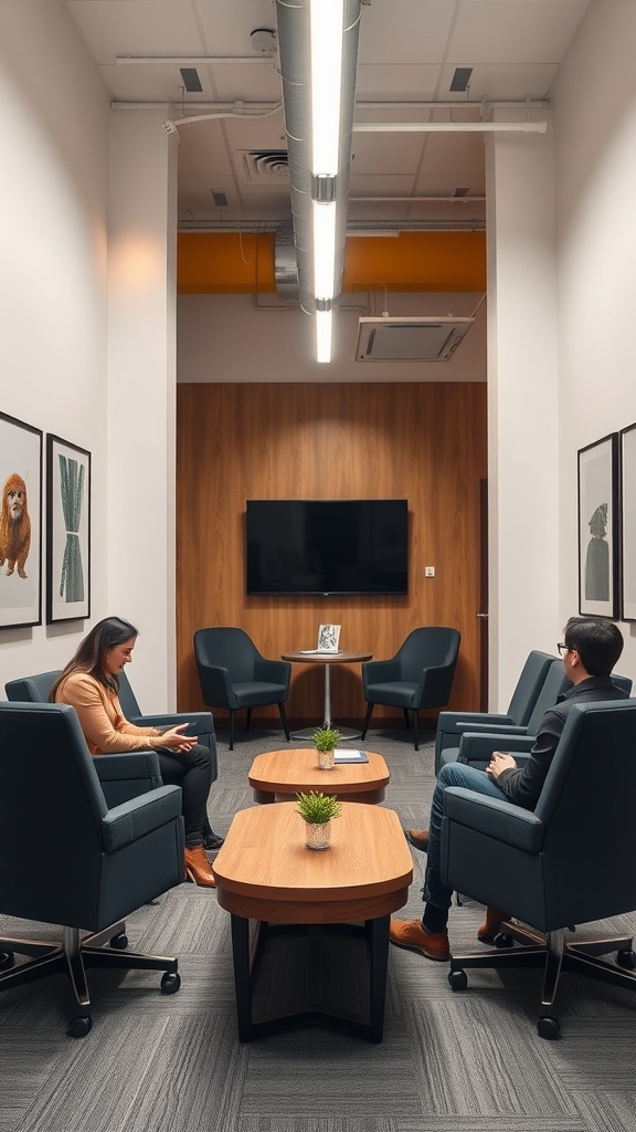 A cozy meeting space featuring comfortable chairs and modern tables with an industrial design aesthetic.