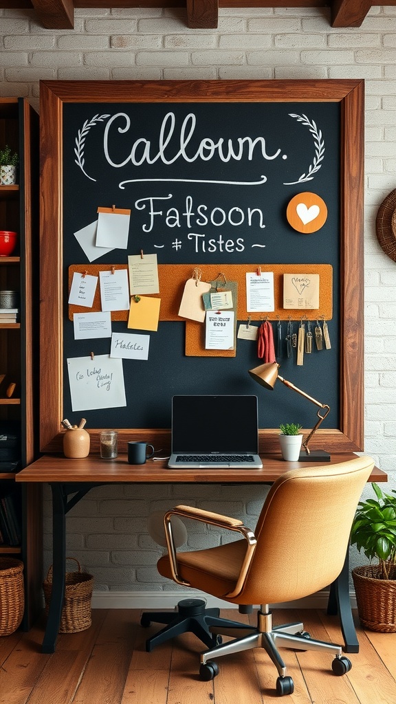 A rustic office with a personalized message board displaying notes and images.