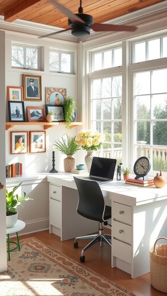 A cozy sunroom office corner with large windows, a desk, indoor plants, and personal decor