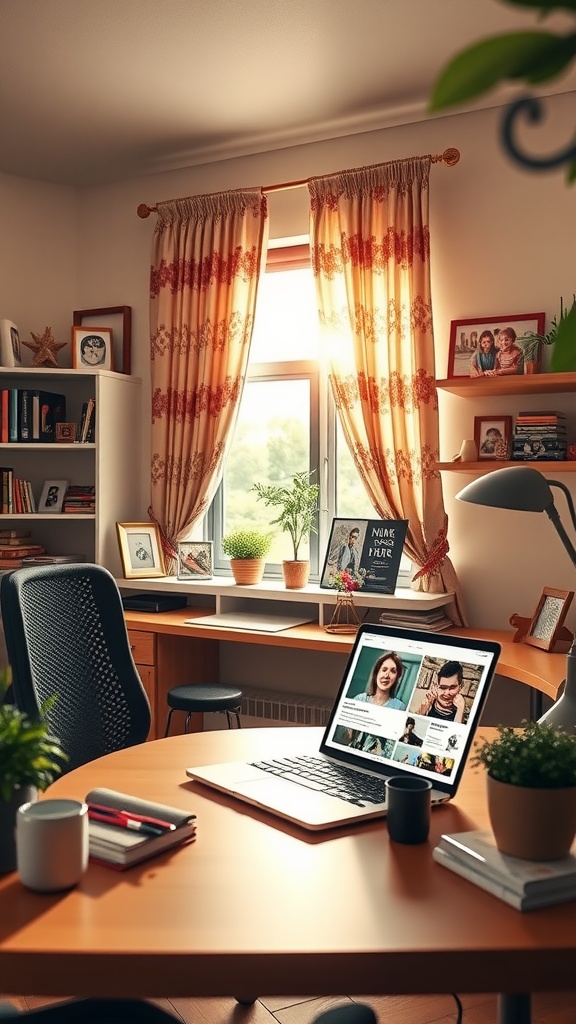 Cozy home office with family photos, plants, and a laptop on a desk.