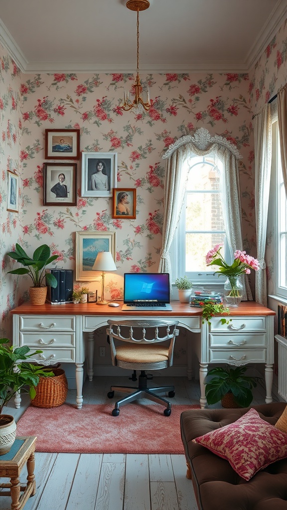 A cozy vintage office decorated with floral wallpaper, a wooden desk with a laptop, and framed photos on the wall.