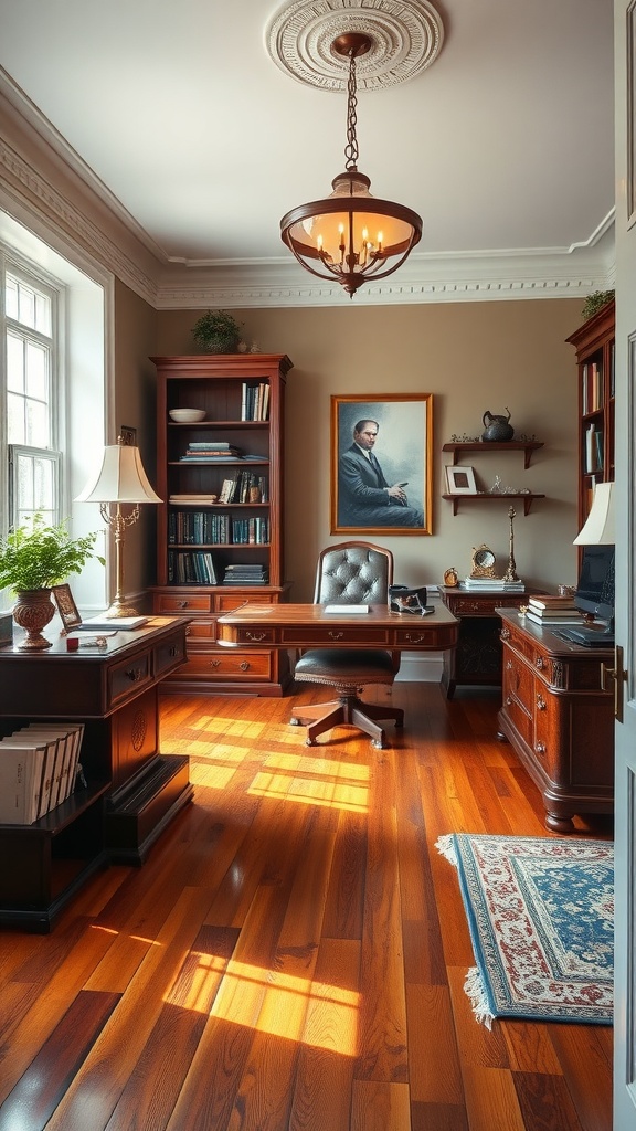 A stylish home office featuring a world map on the wall, a sleek desk, and a comfortable chair.