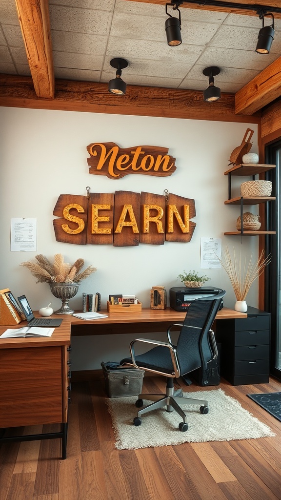 A cozy rustic home office featuring personalized wall art and wooden decor.