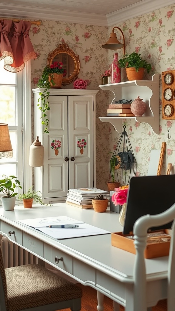 A cozy shabby chic office with floral wallpaper, a vintage desk, and plants, perfect for creating a personalized workspace.