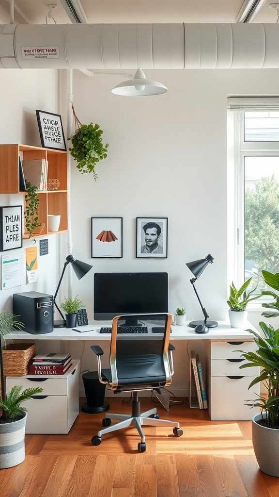 A minimalist and personalized office workspace with plants, artwork, and a sleek desk setup.