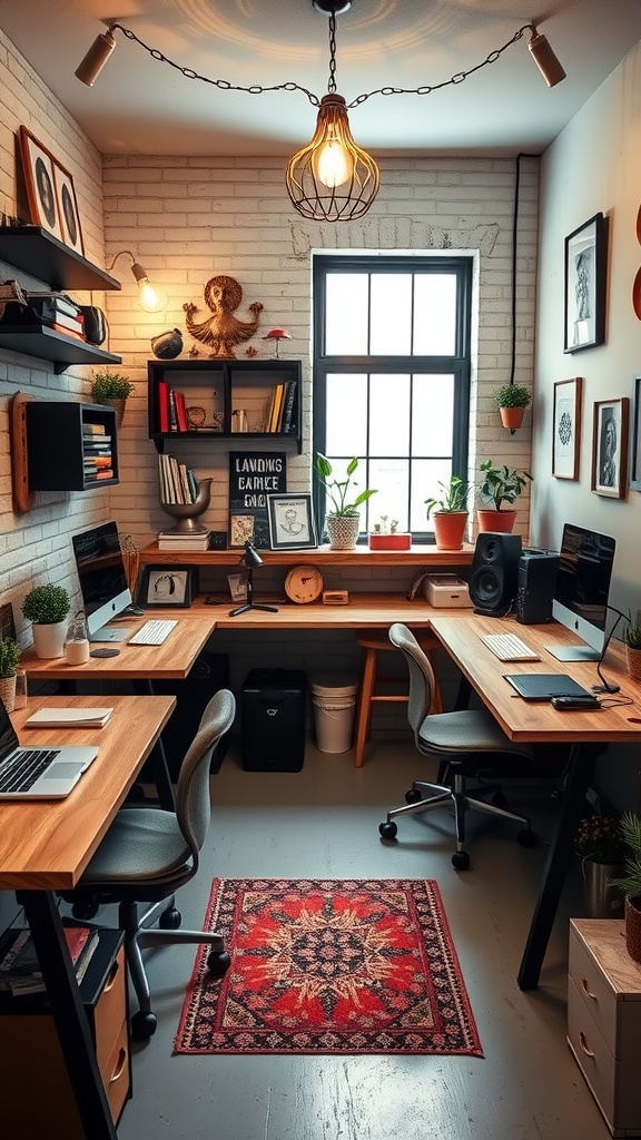 A spacious industrial office with multiple workstations, featuring computers and plants, showcasing a modern design.