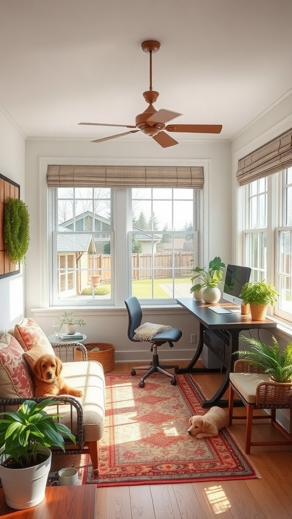 A bright pet-friendly sunroom with a cozy sofa, plants, and a workspace.