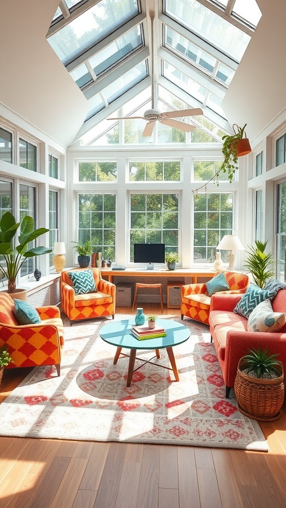 Bright sunroom with a turquoise couch, orange chair, wooden shelving, and plants, designed for a cozy home office.