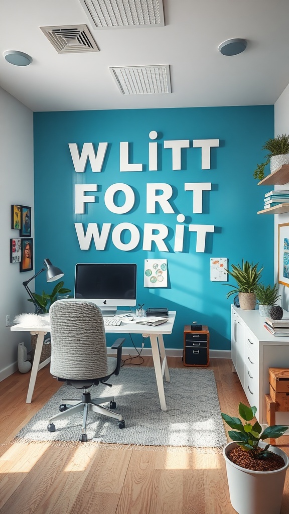 A vibrant office space featuring a blue wall with bold letters, a modern desk setup, and plants.