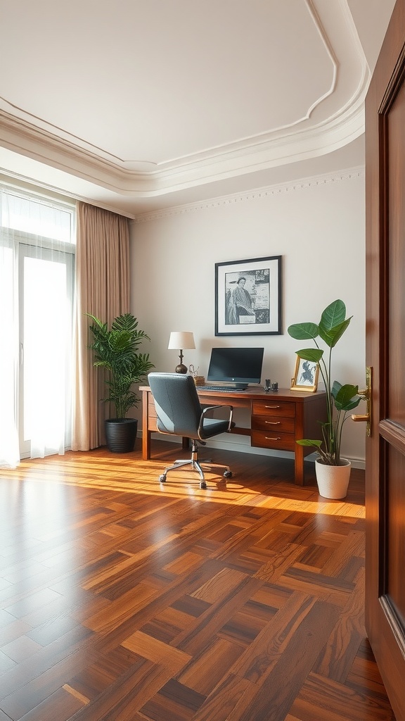 A well-lit home office with polished hardwood floors, a desk, and plants, showcasing elegant decor.